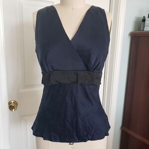 Navy Blue Silk Sleeveless Blouse with Black Sash, S